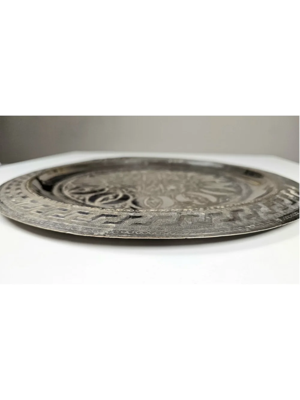 Vintage Moroccan Tea Tray Silver Plated Hand Engraved Geometric 13.5